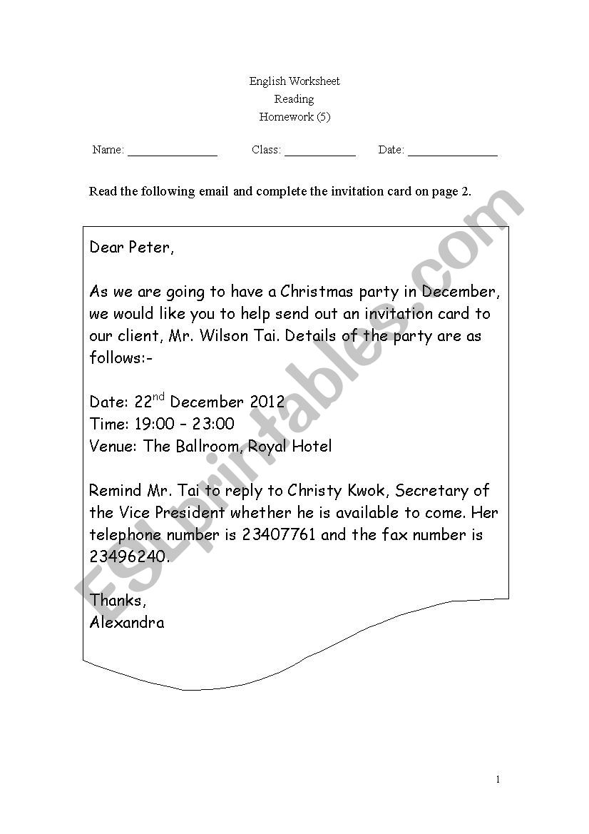 email invitation card worksheet