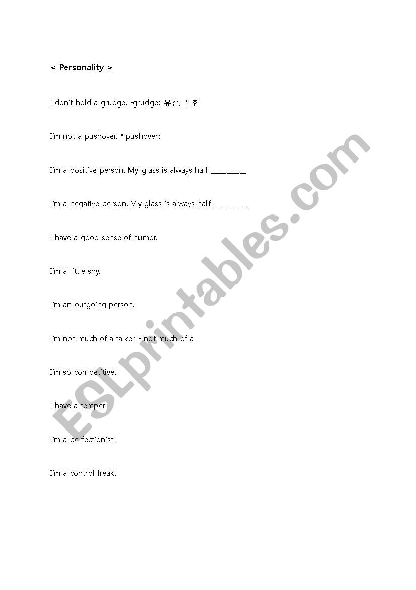 describing personality worksheet