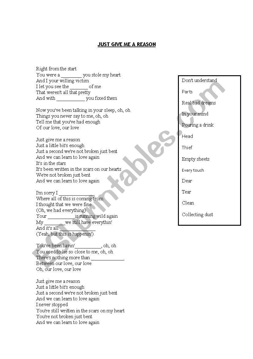 JUST GIVE ME A REASON SONG worksheet