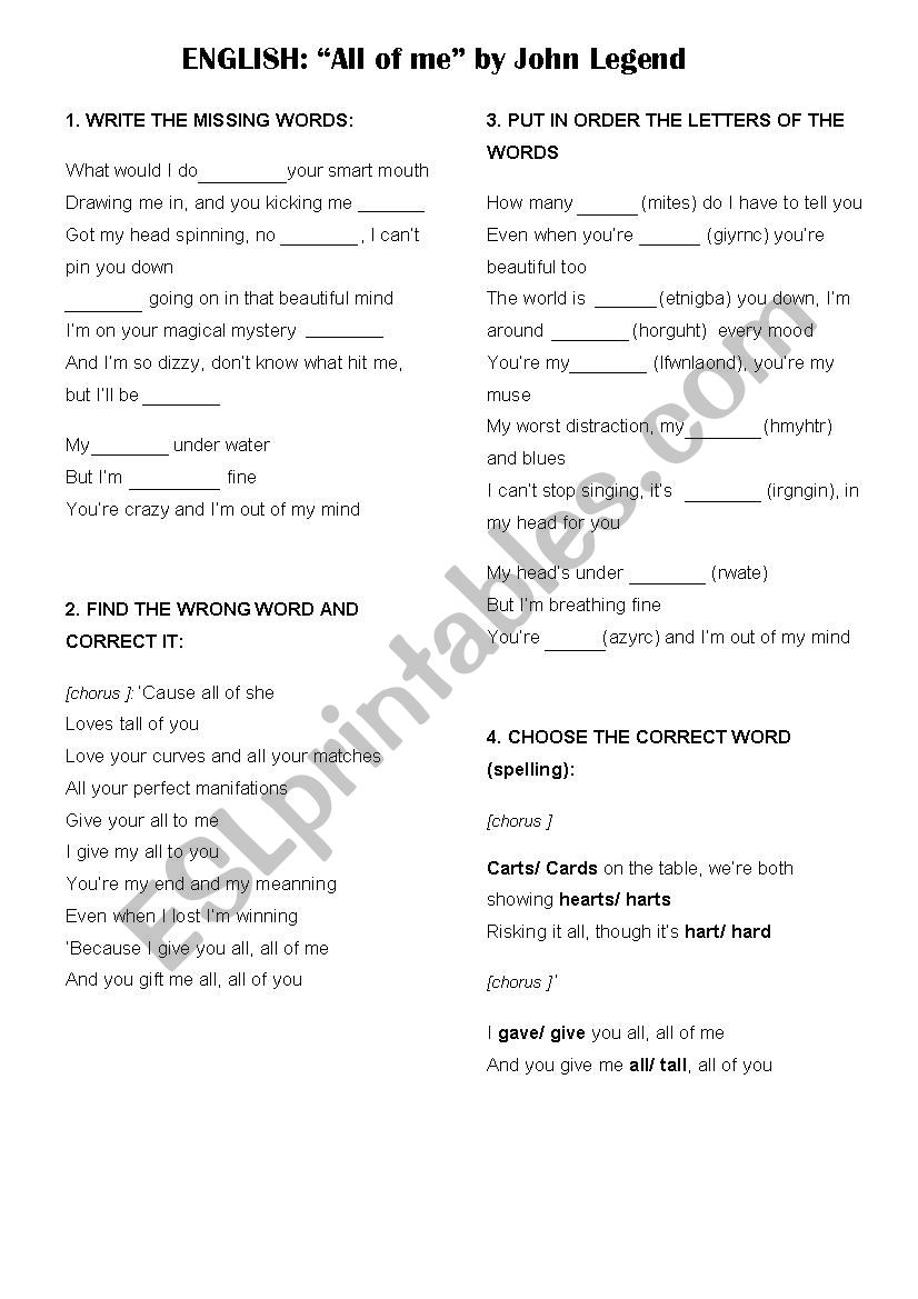 All of me *JOHN LEGEND worksheet