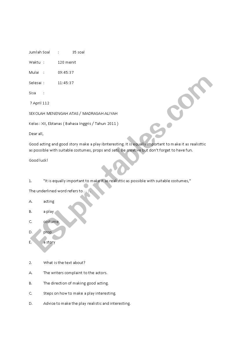 test for Senior High School worksheet