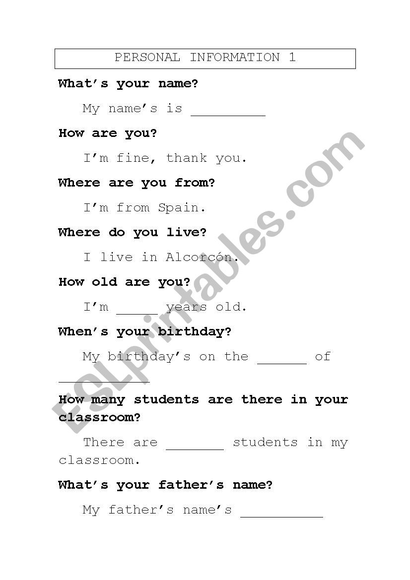 Personal Info and Routines worksheet