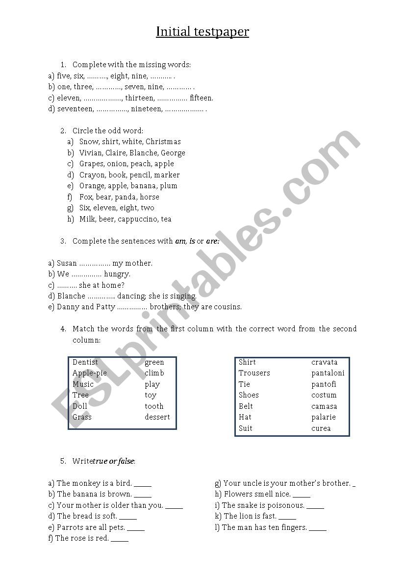 initial test 4th grade worksheet