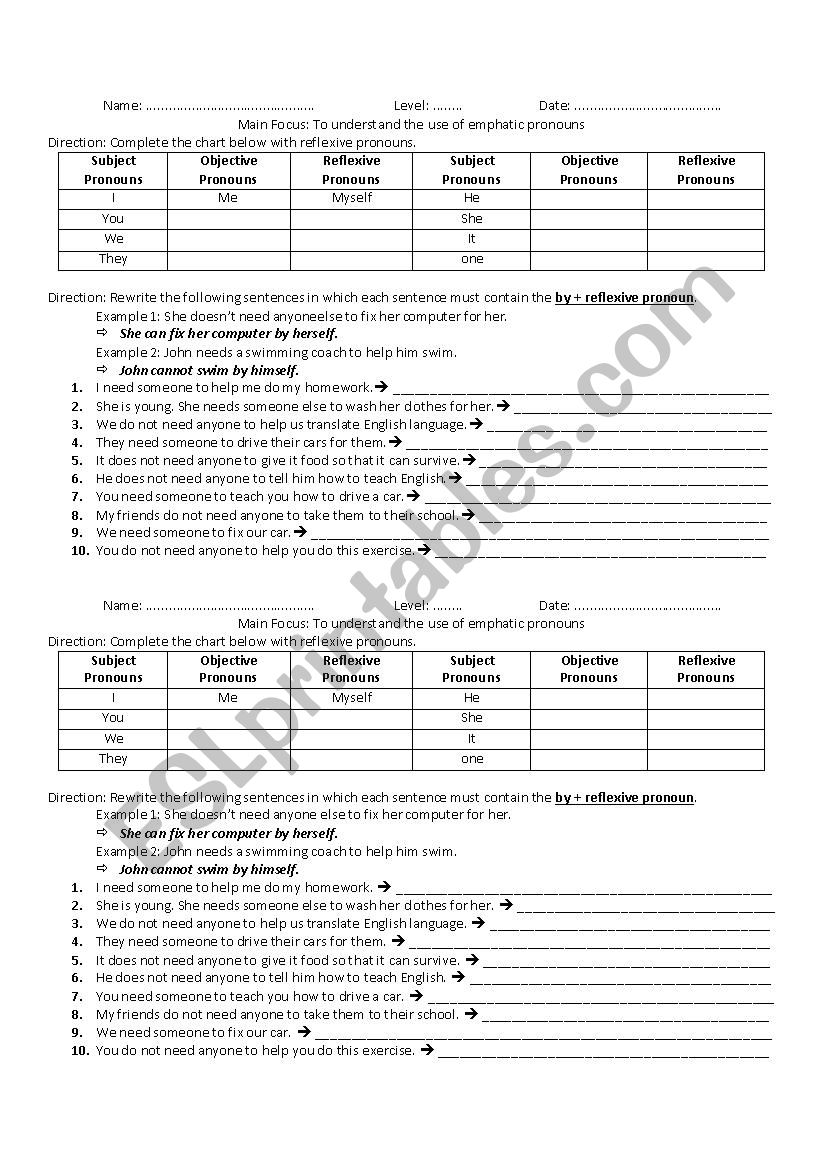 By + Self-Pronouns worksheet