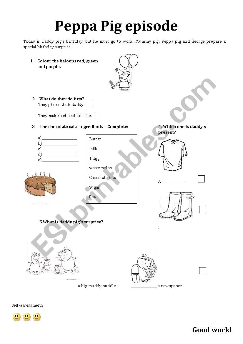 Daddy pigs birthday worksheet