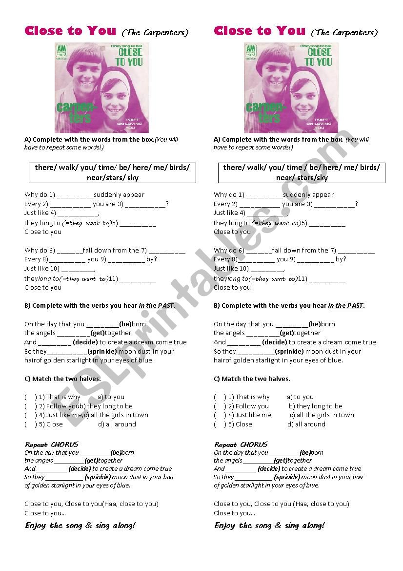 Close to you (worksheet) worksheet