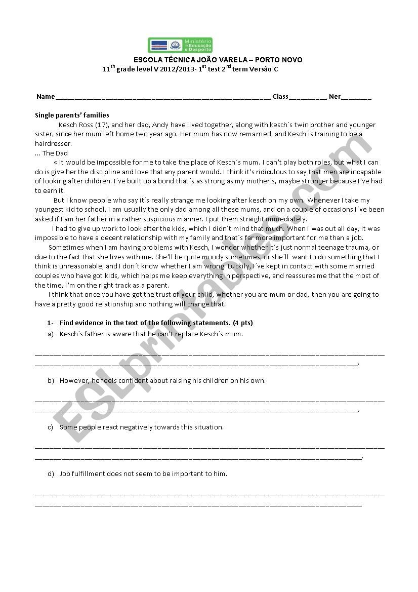 Single parentsfamilies worksheet