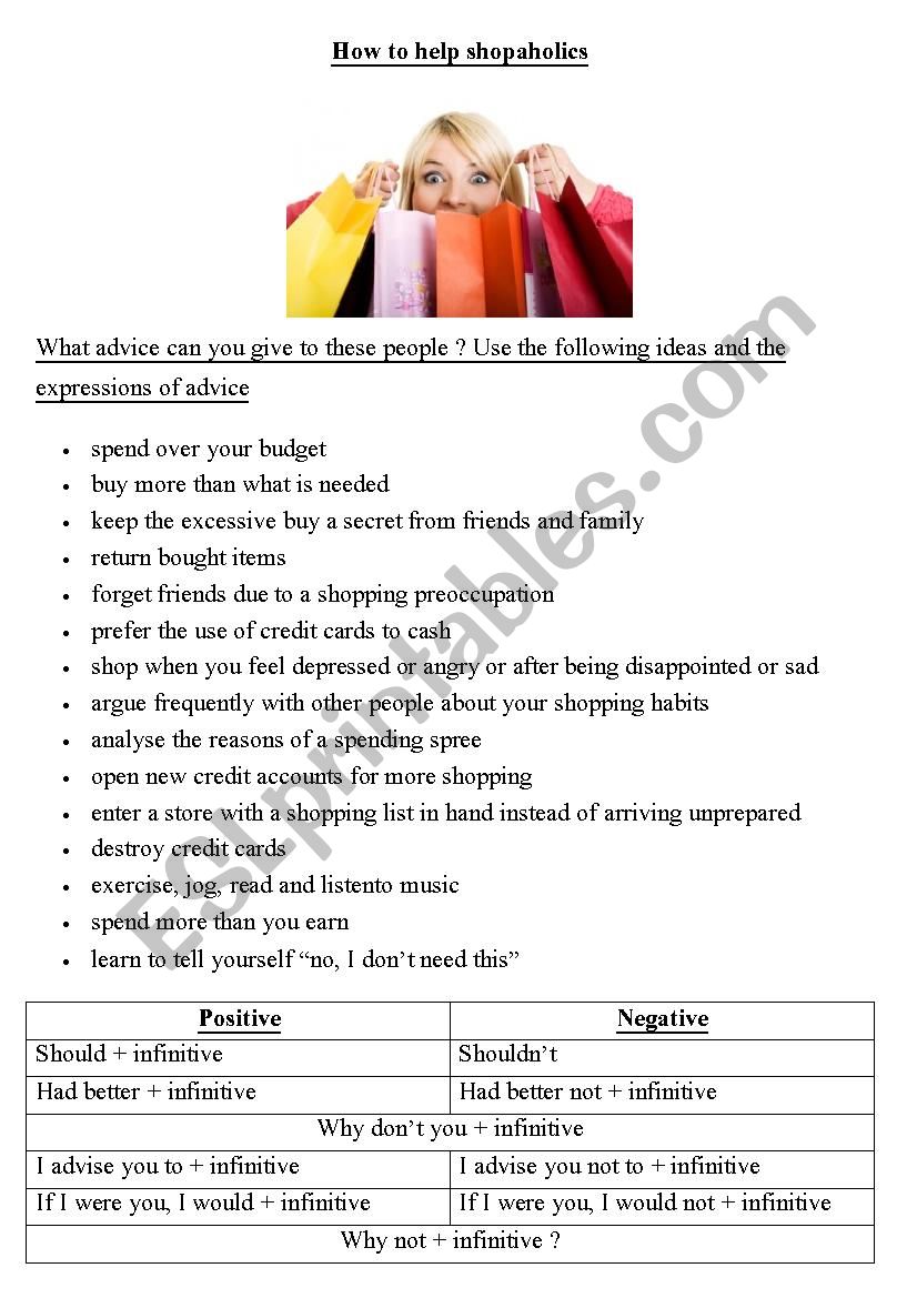 Advice to help shopaholics worksheet