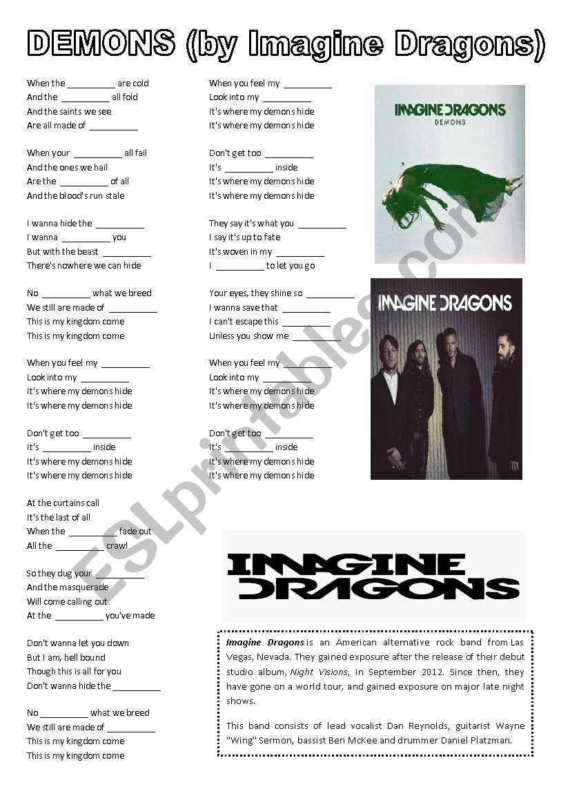 Imagine dragons - demons worksheet
