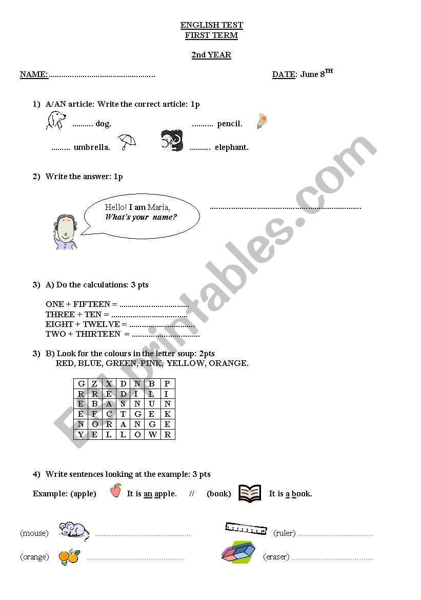 test for 2nd year worksheet