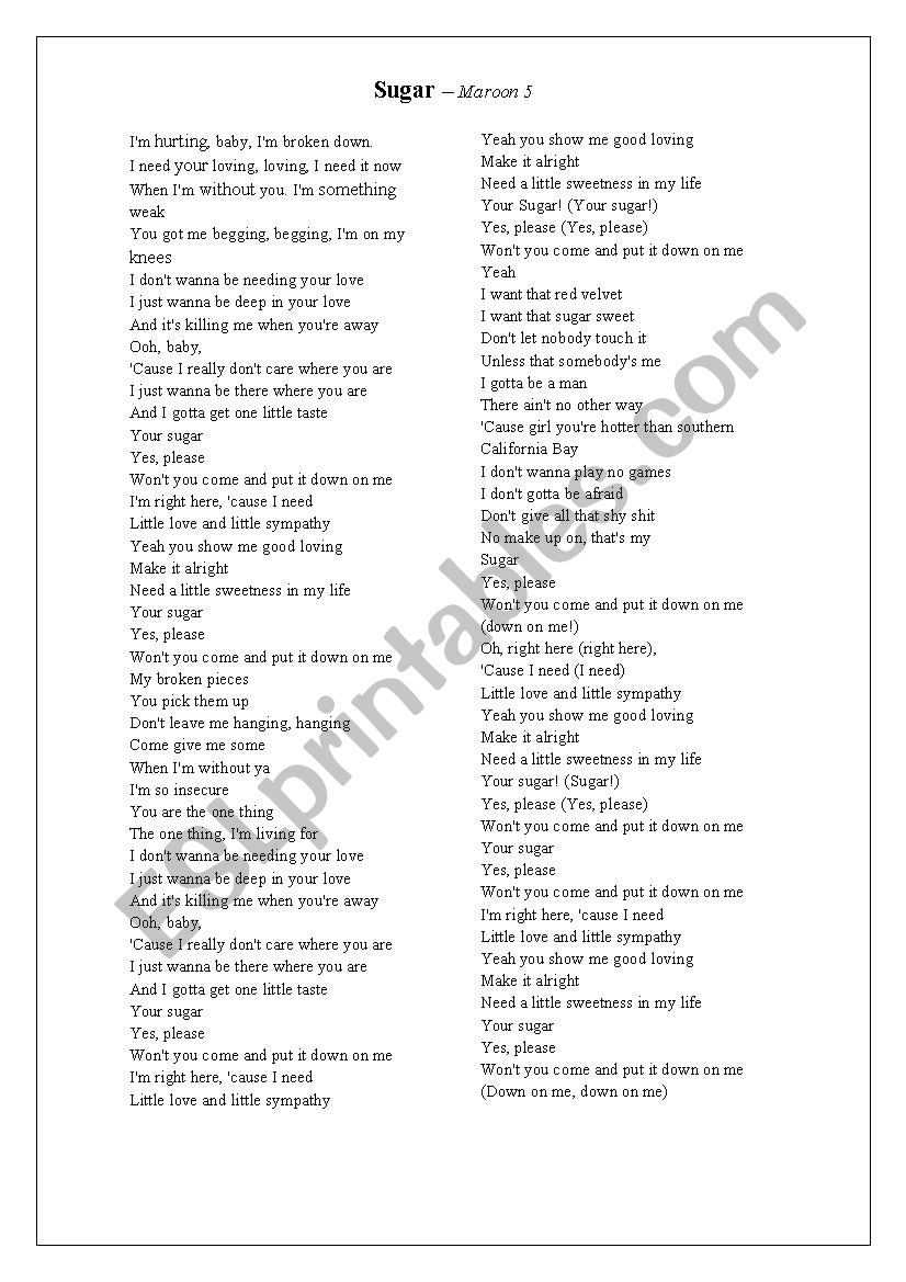 Sugar - MAroon 5 worksheet