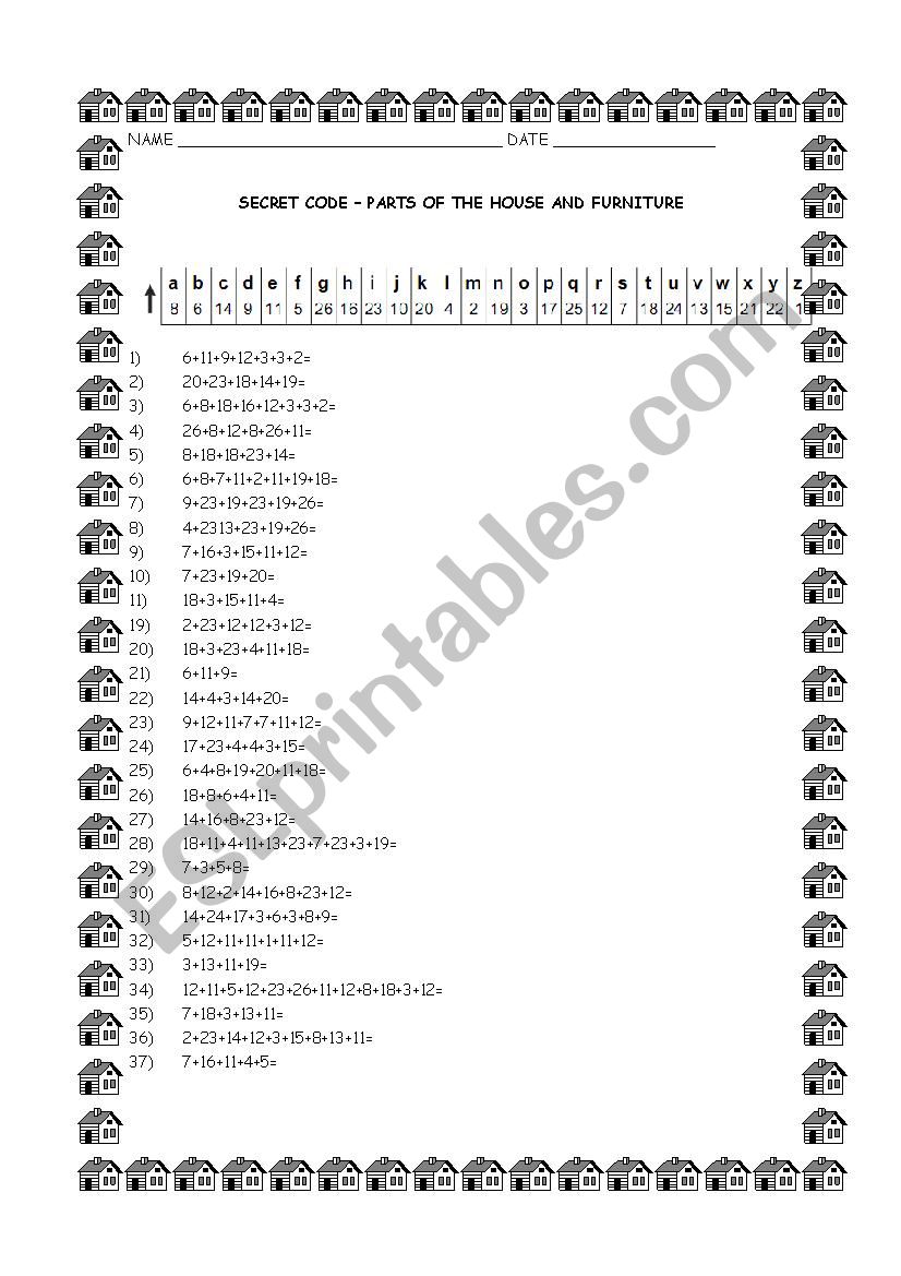 House and furniture worksheet