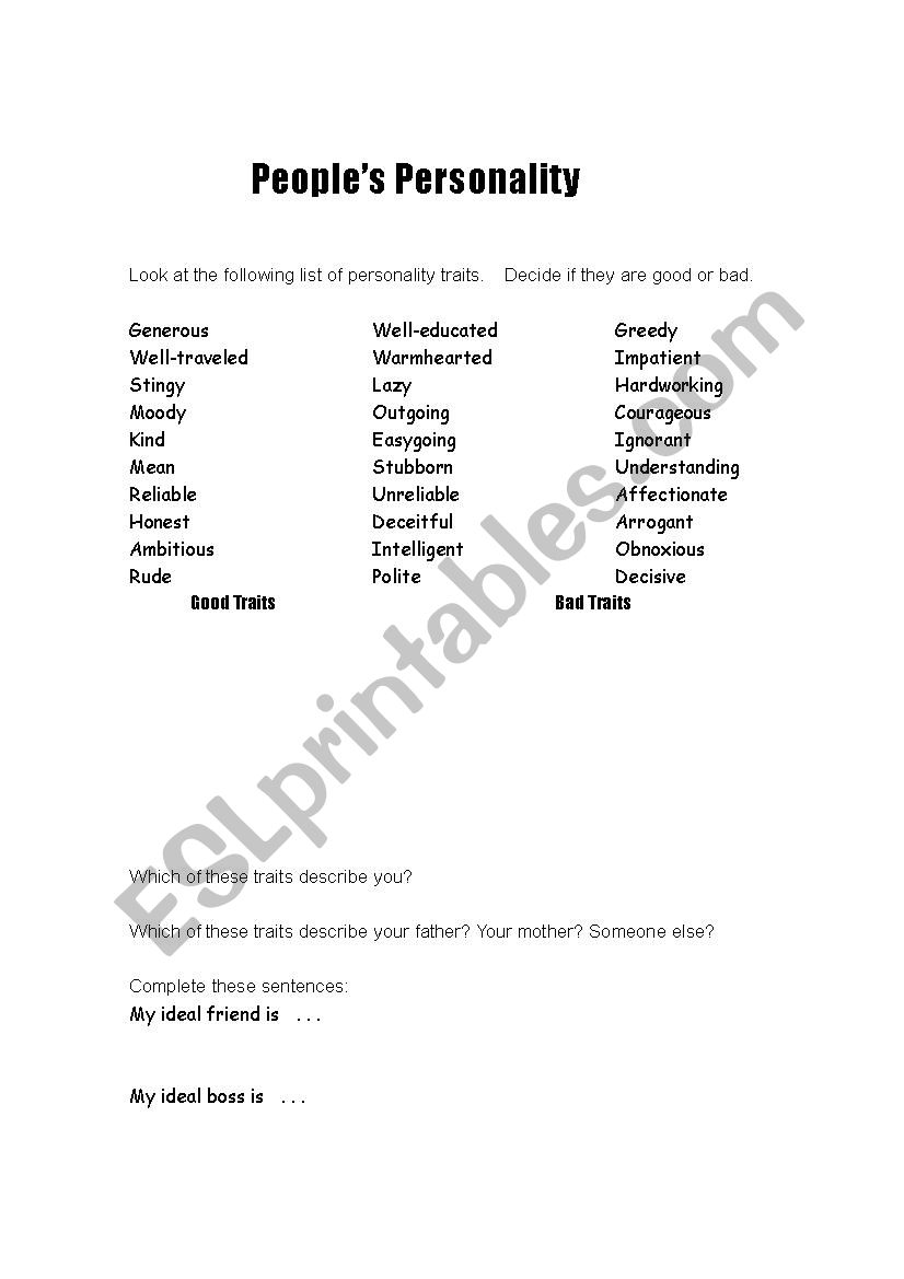 personality adjectives worksheet