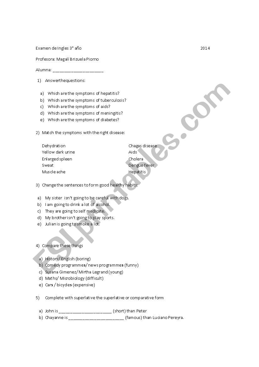 test about desease symptoms worksheet