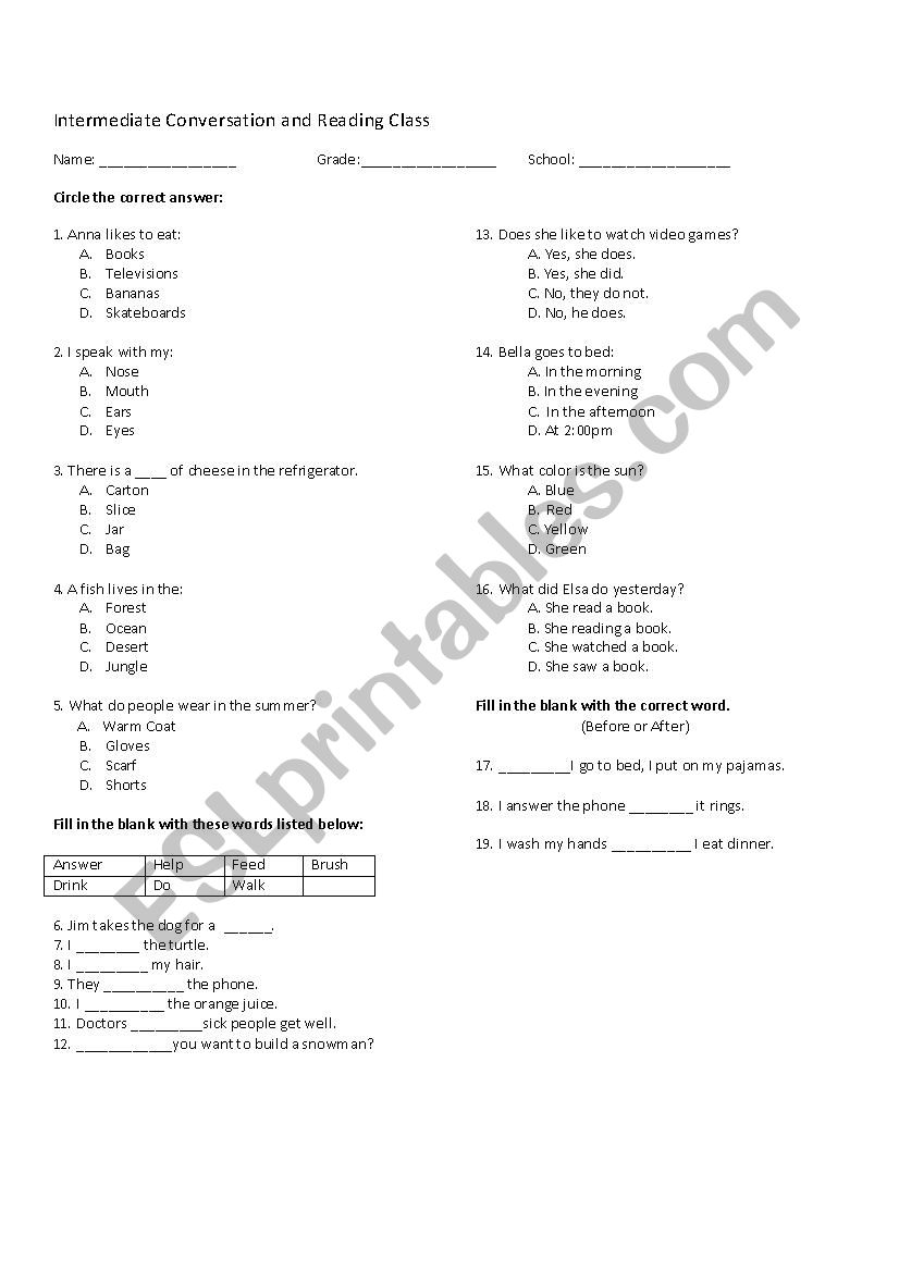 Intermediate Conversation and Reading Class Test 