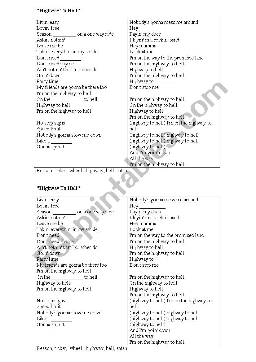 Song: Highway to hell worksheet