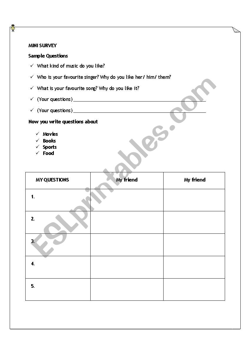 Mini survey worksheet