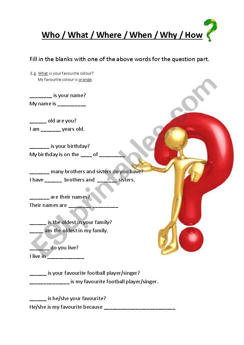 Who what when where why how Fill in the Blanks worksheet on ´Myself ...