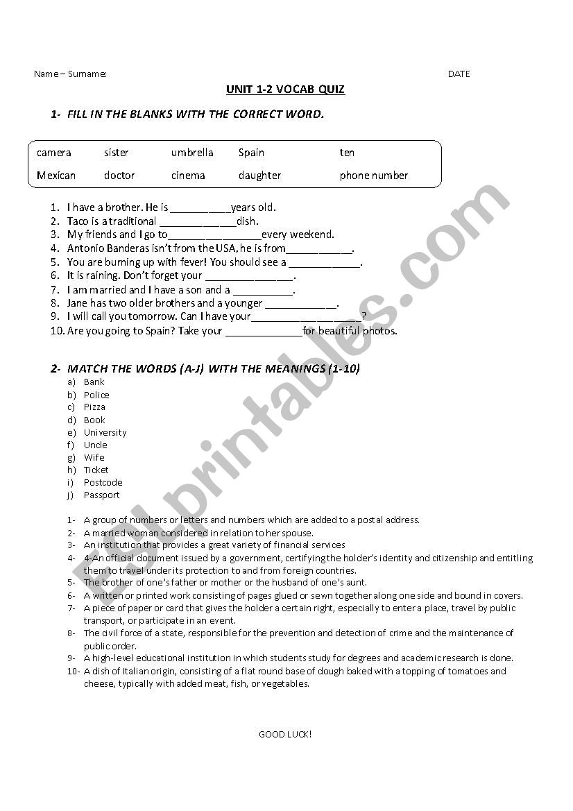 A1 Vocabulary Quiz1 worksheet