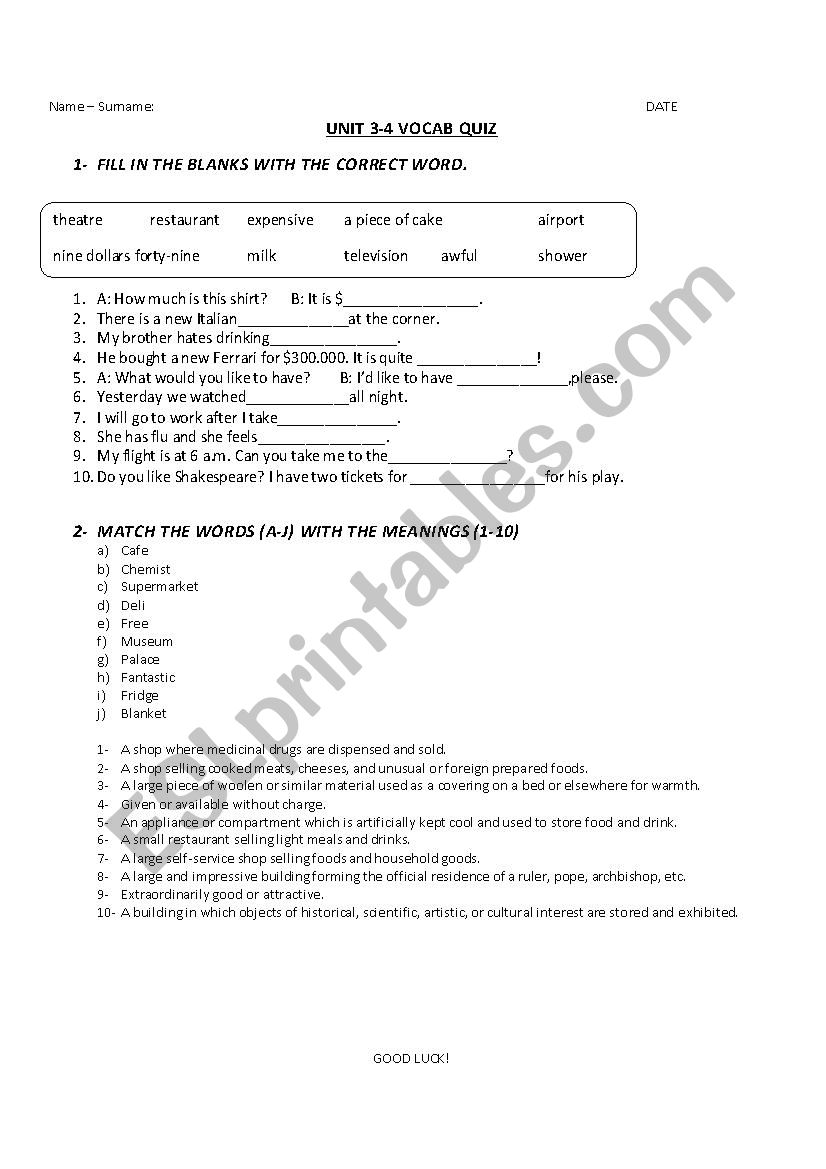 A1 Vocabulary Quiz2 worksheet