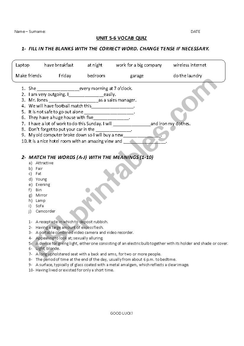 A1 Vocabulary Quiz3 worksheet