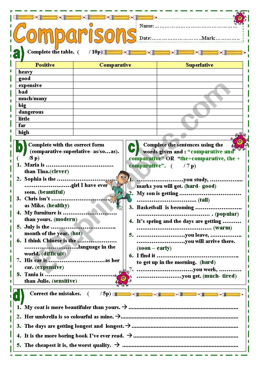 Comparisons test with KEY worksheet