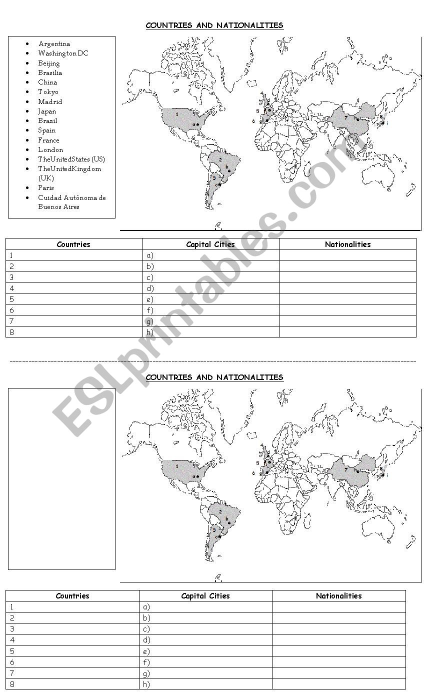 COUNTRIES AND NATIONALITIES worksheet