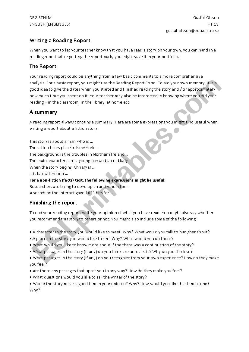 Writing a Reading Report worksheet