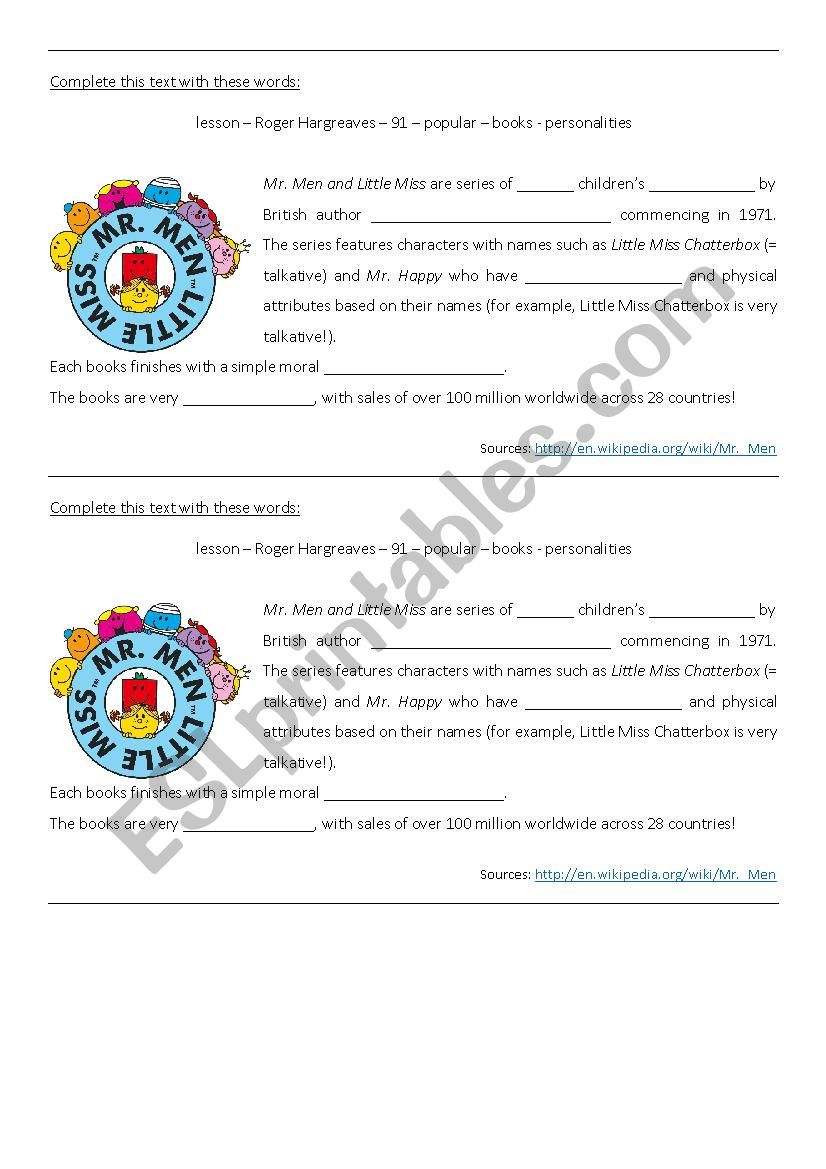 Little Miss and Mister Men text to complete