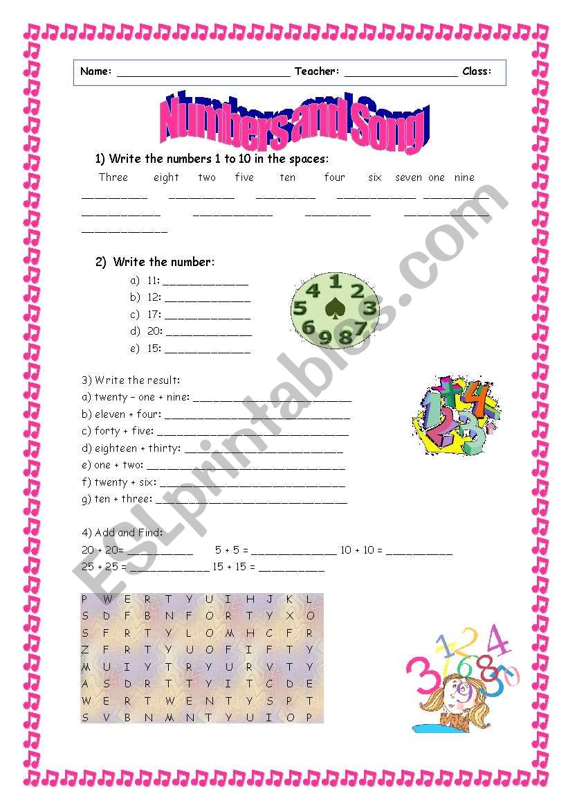 numbers and song worksheet