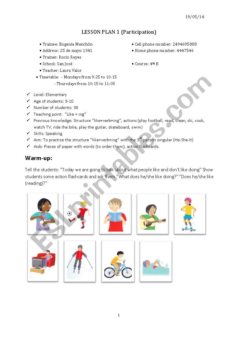 Like + ing worksheet