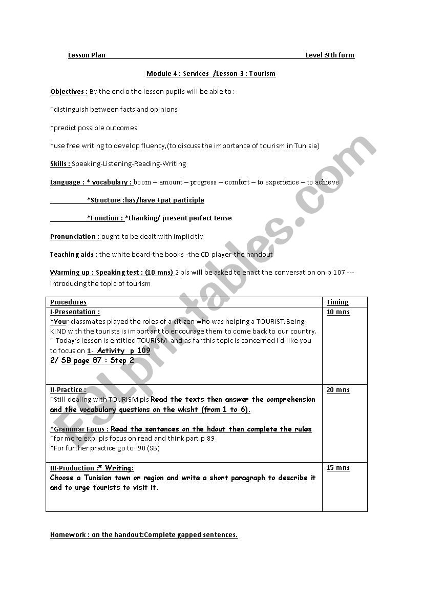 lesson plan tourism 9th form worksheet