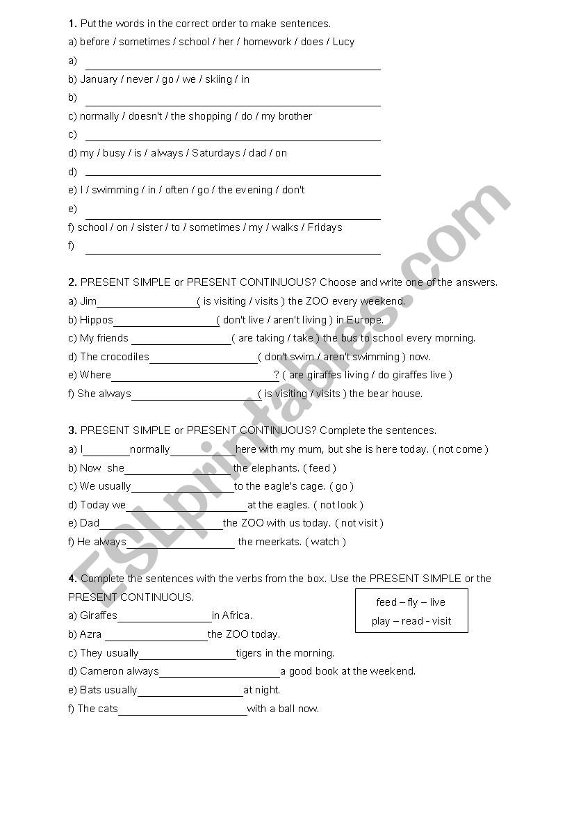 Present tenses 1 worksheet