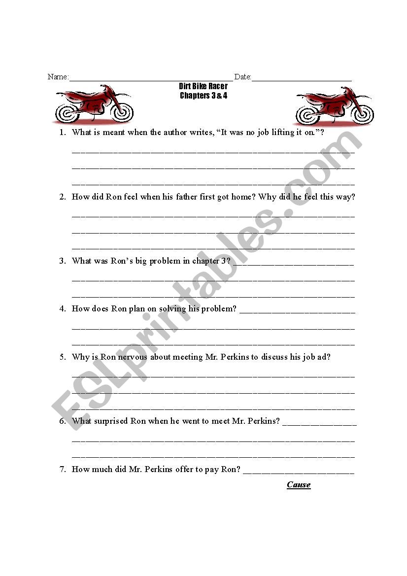 Dirt Bike Racer Chapters 3&4 worksheet