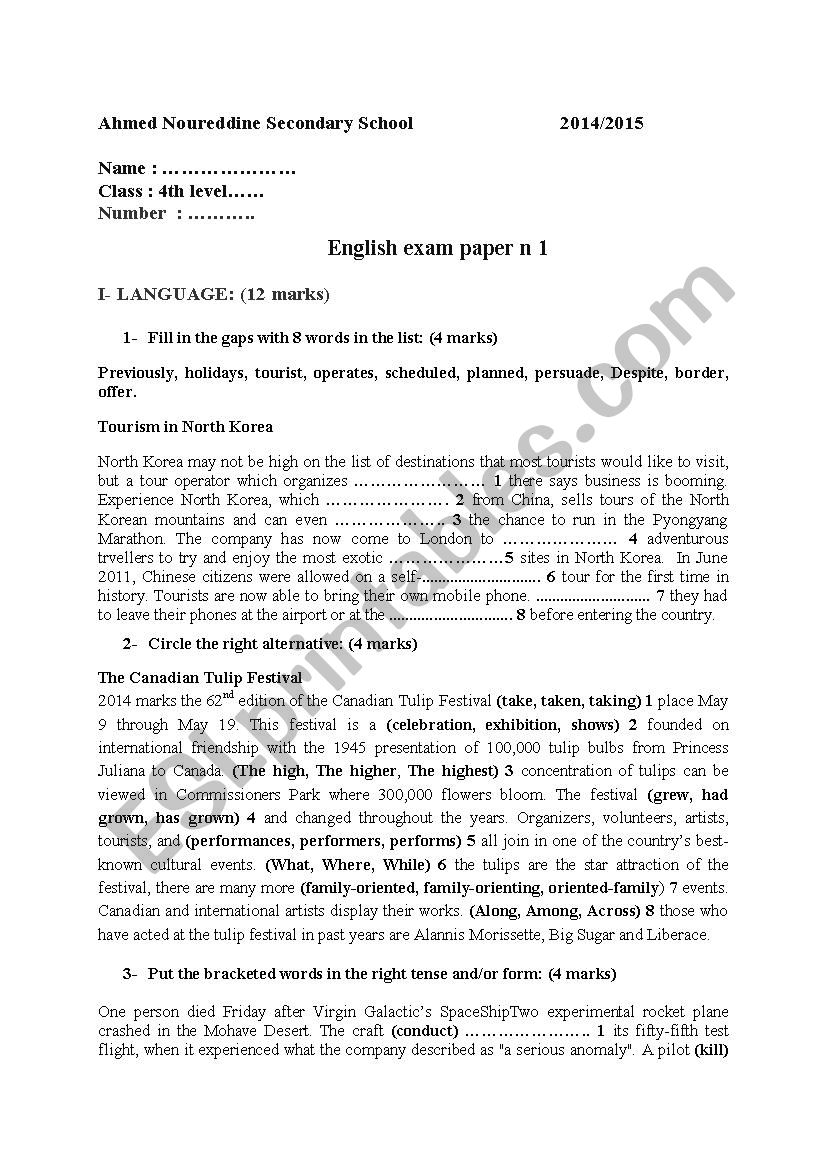 english-exam-paper-n-1-esl-worksheet-by-imenarbi