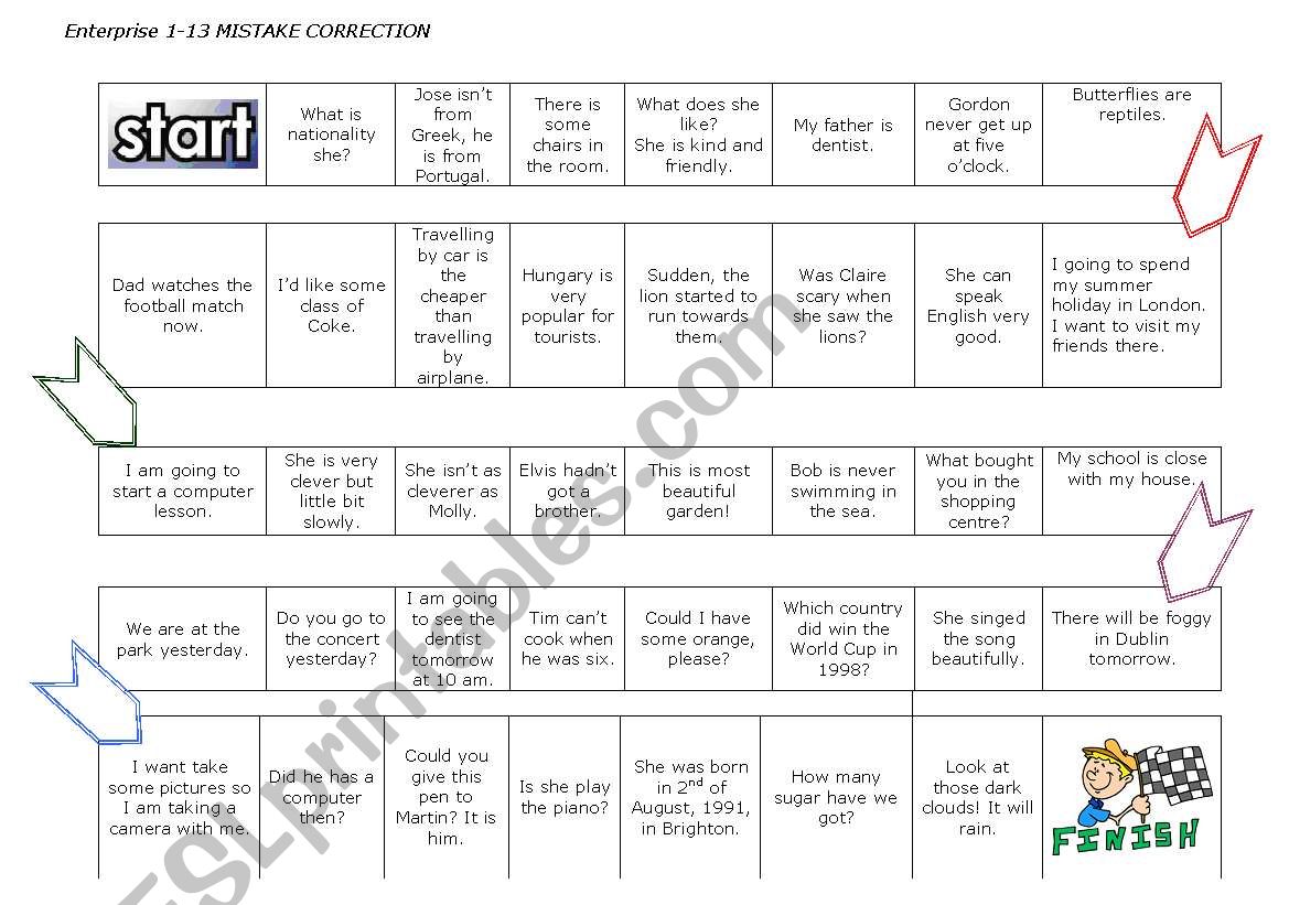 Mistake correction-board game worksheet