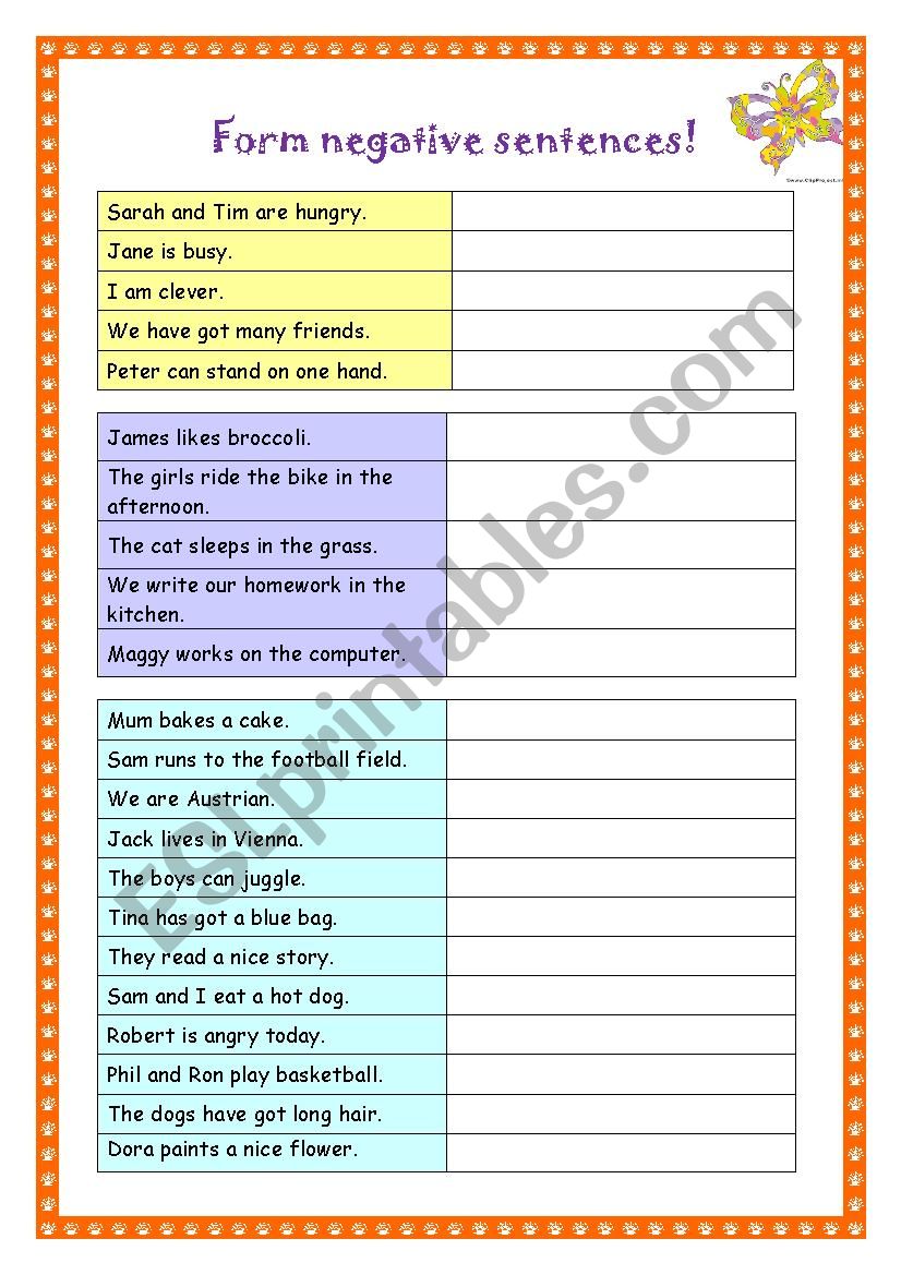 Form negative sentences worksheet