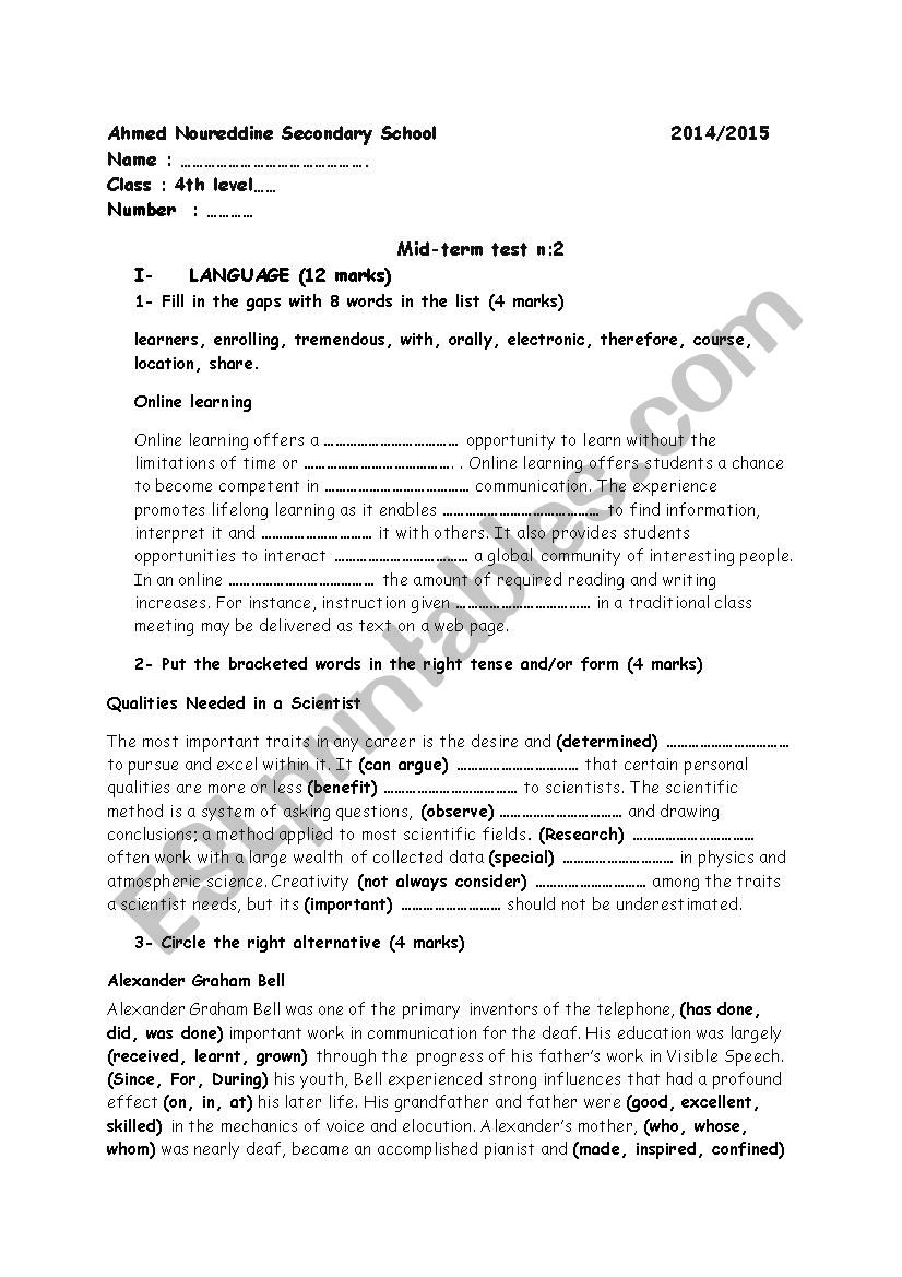 mid-term test n 2 worksheet