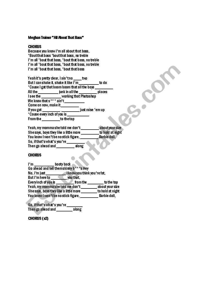 song all about that bass worksheet