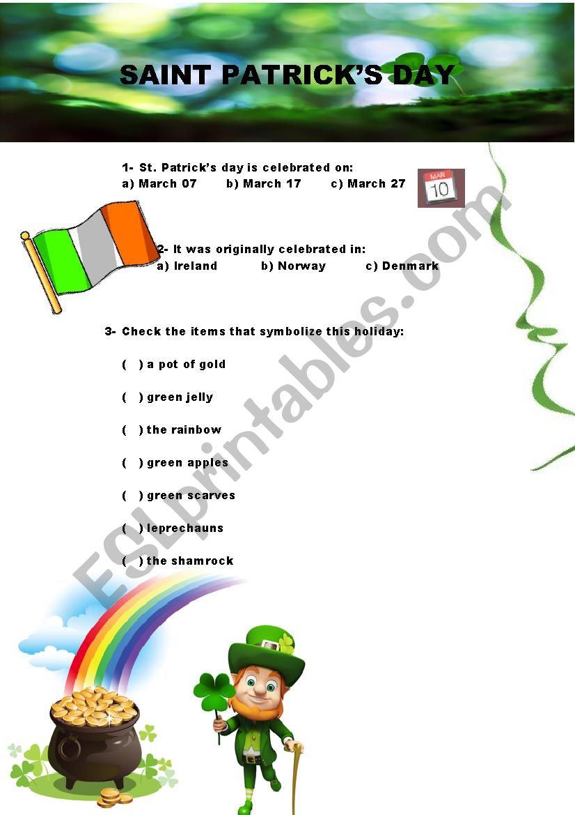 St. Patricks day quiz worksheet