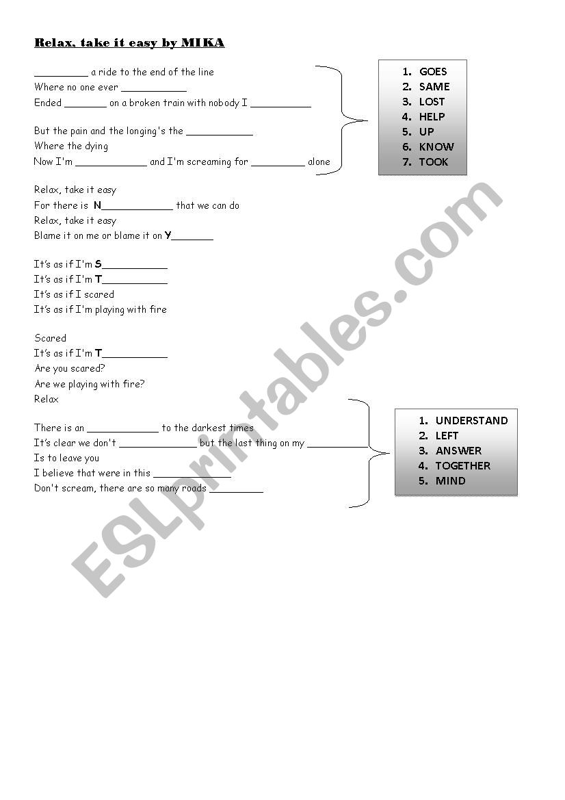 Song RELAX by MIka worksheet