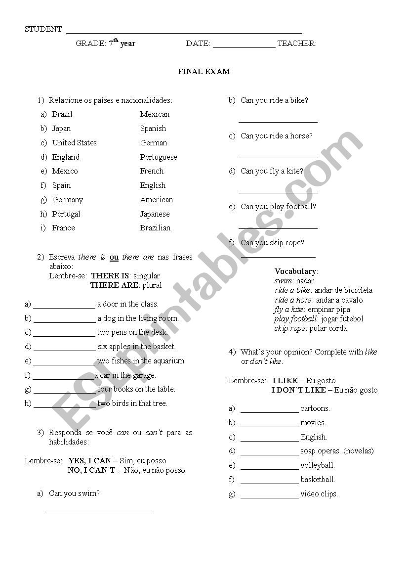 Basic english test worksheet