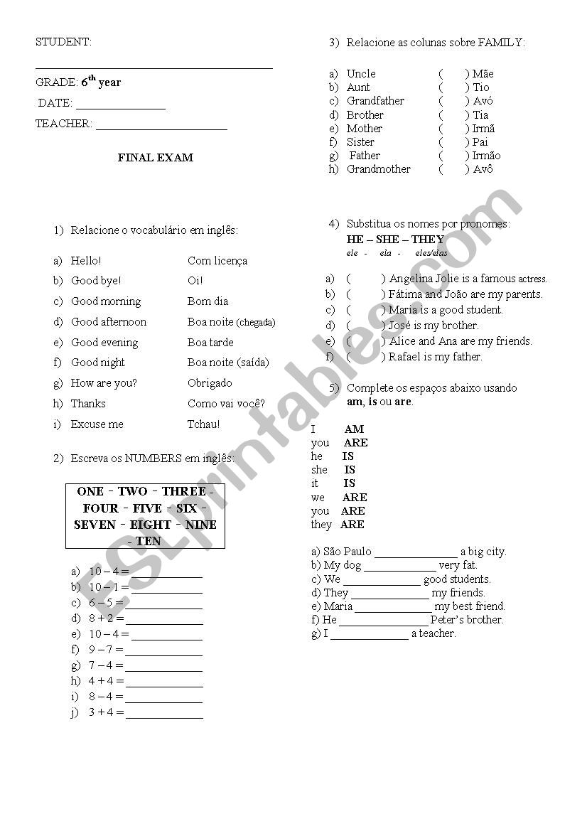 Basic english test 6th grade worksheet