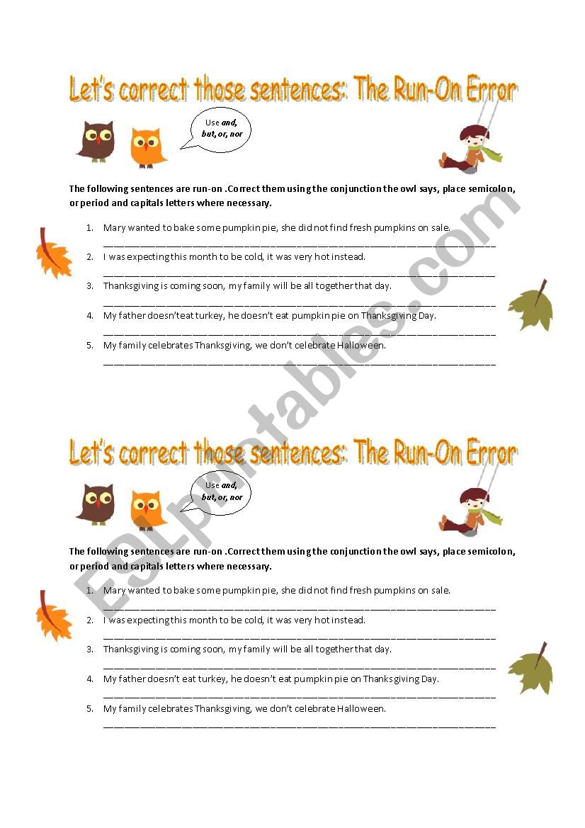 Run On Sentences Worksheet Esl