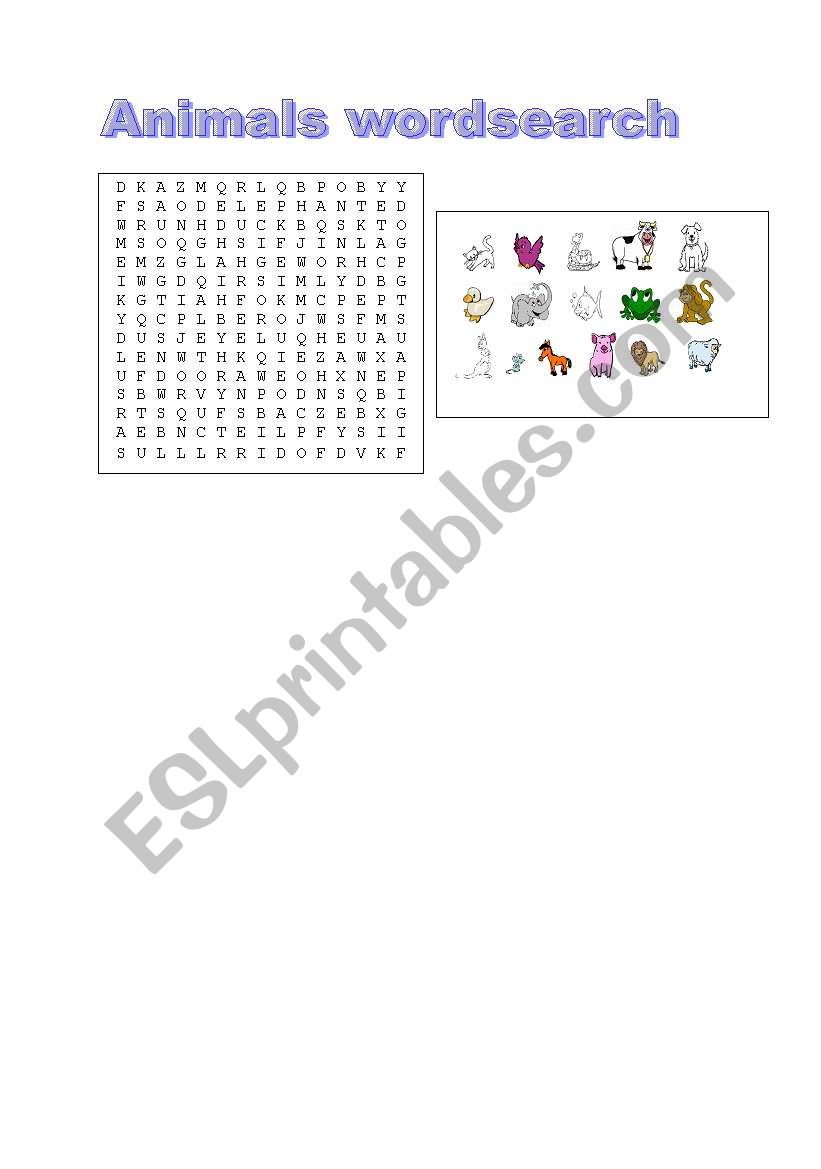 Animals wordsearch worksheet