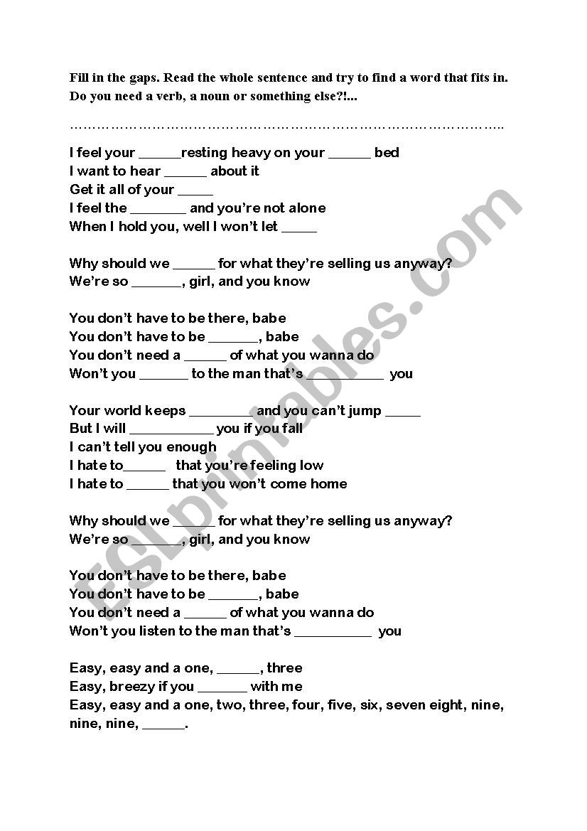 Complete the song lyrics worksheet