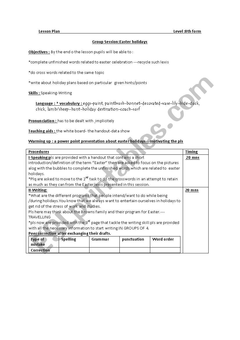 plan easter holidays worksheet