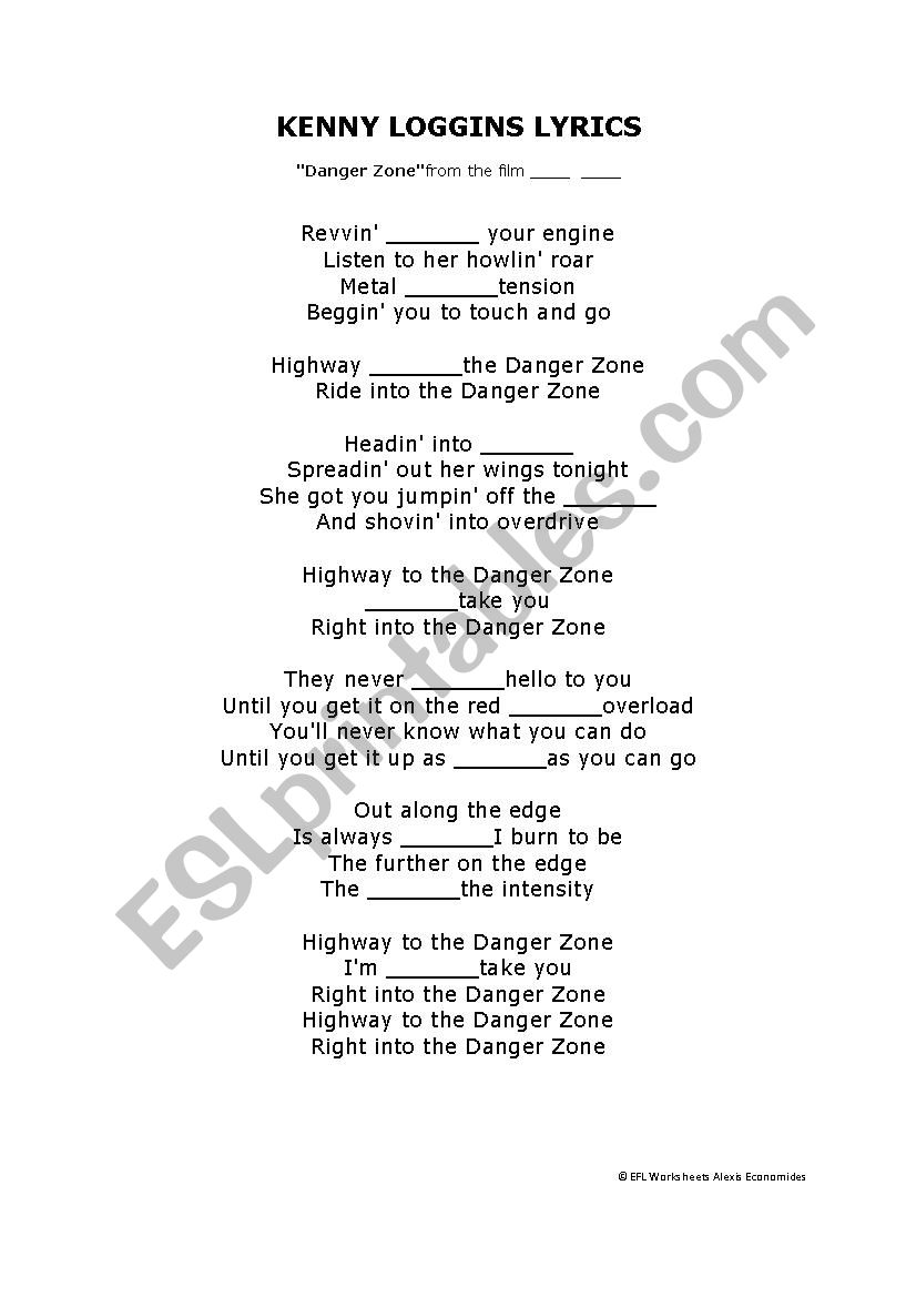 Top Gun Lyrics Worksheet (Danger Zone)