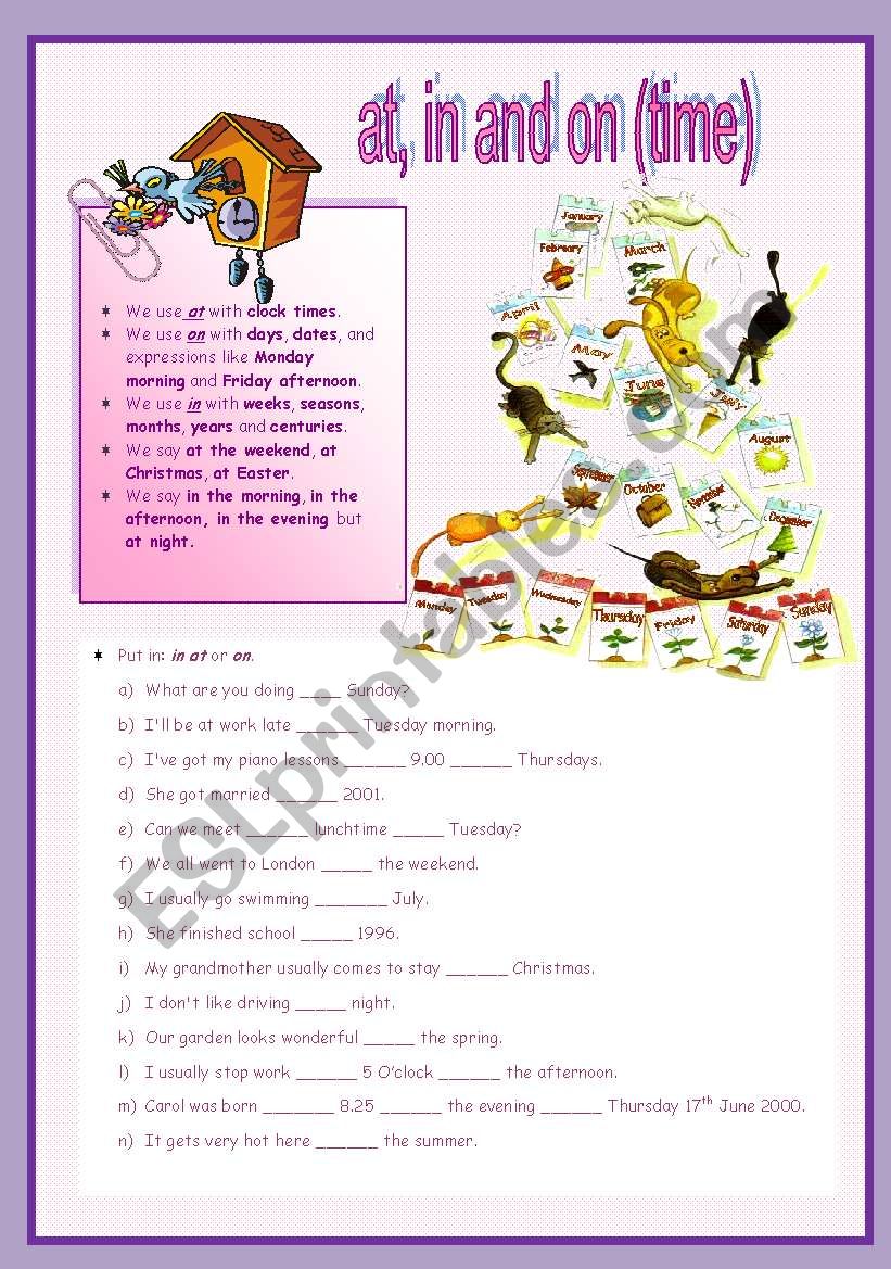 at, in, on (time) worksheet