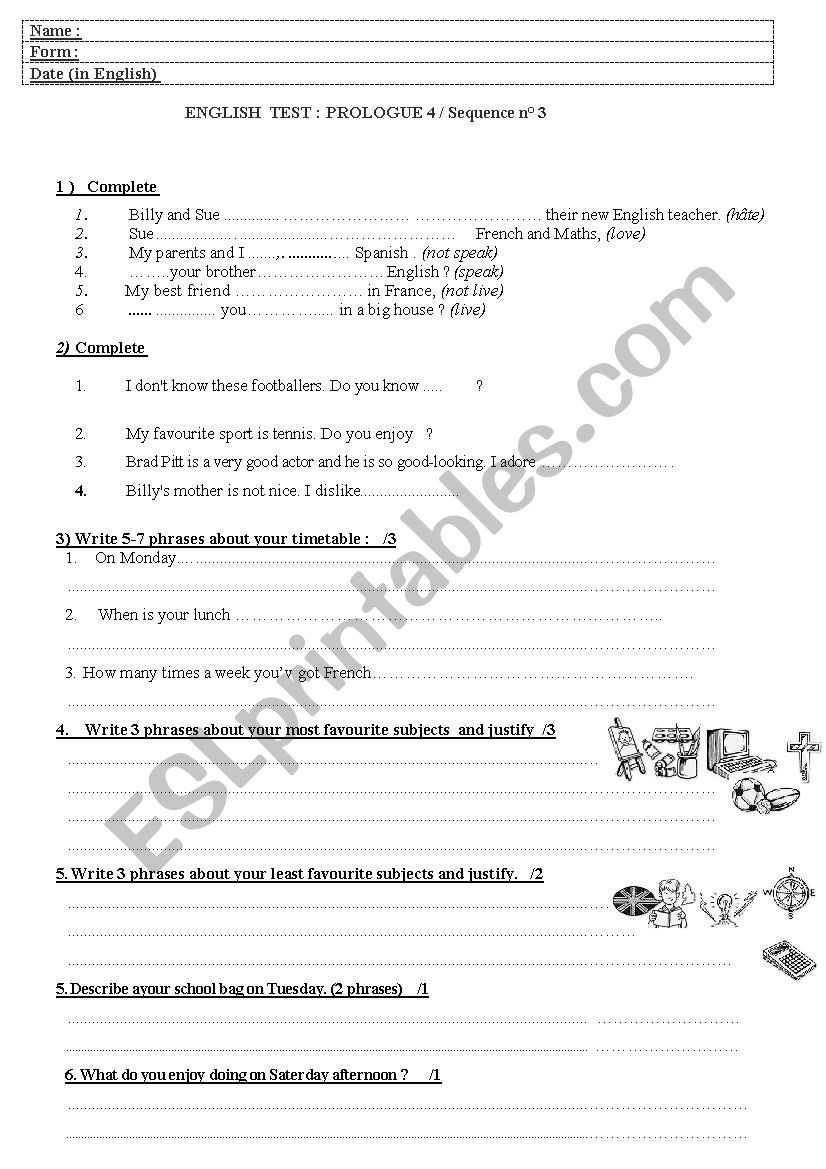 School timetable worksheet